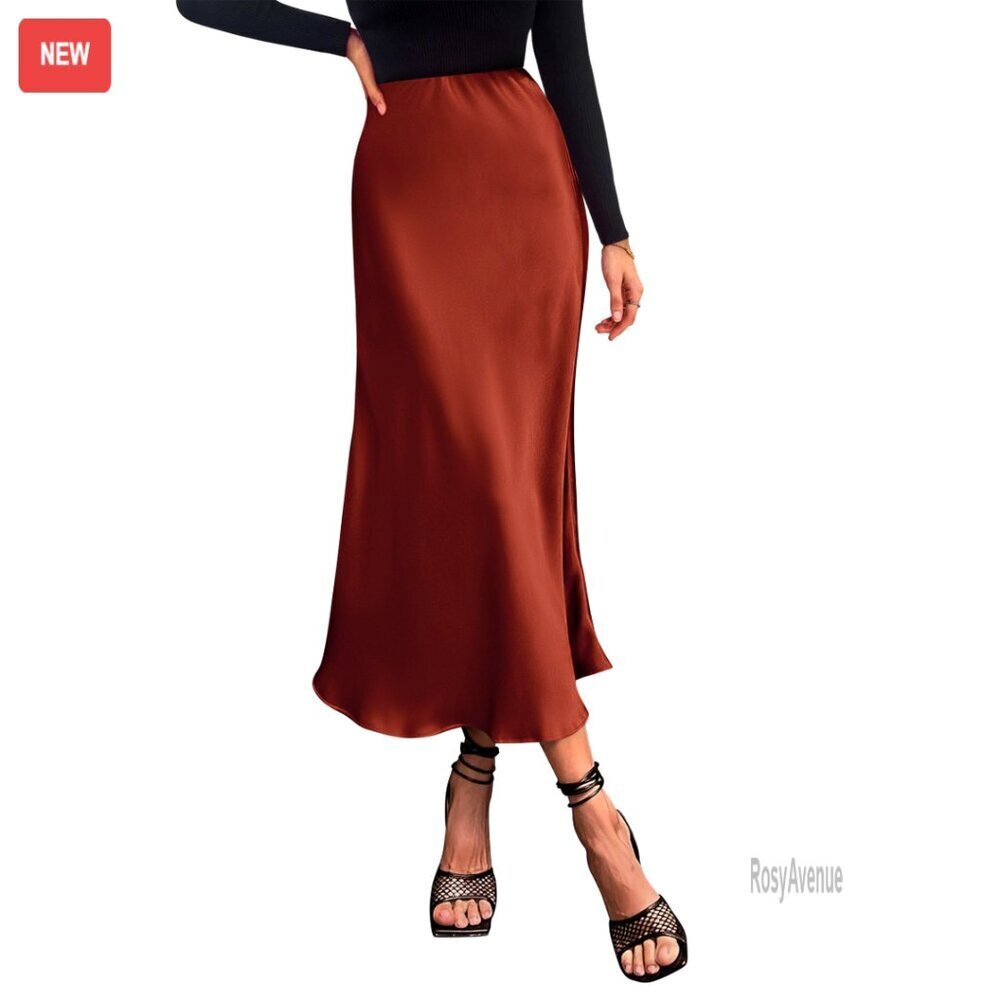 Satin Midi Skirt High Waisted A Line Flowy Elegant Cocktail Wedding